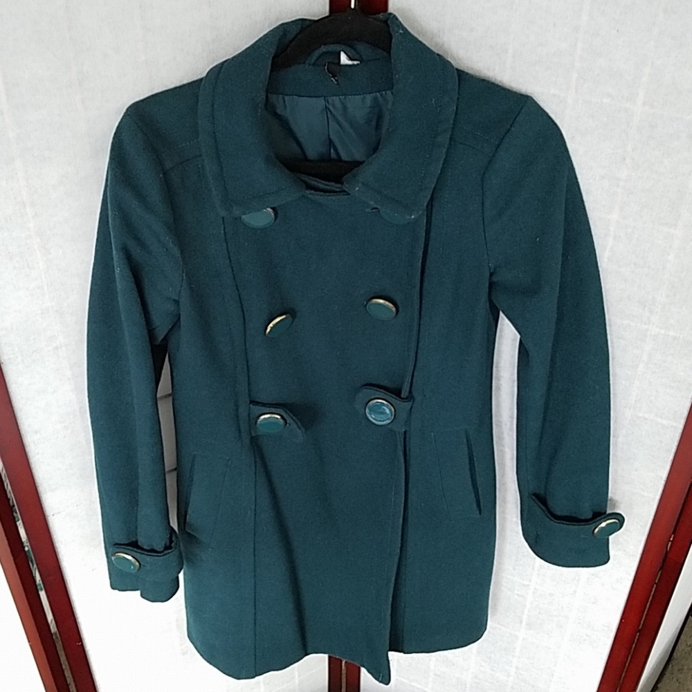 H&M Forest green knee-length pea coat. Size 6 - Picture 1 of 4